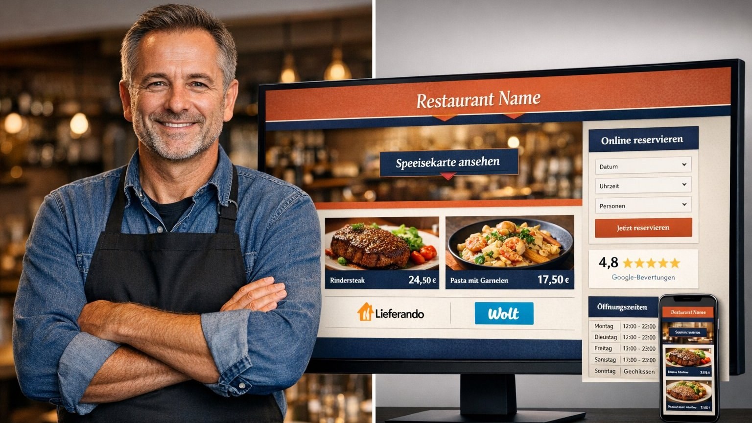 Restaurantbesitzer mit professioneller Website auf Monitor