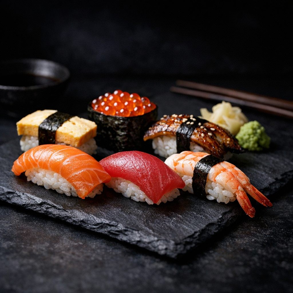 Sushi-Auswahl auf Schieferplatte