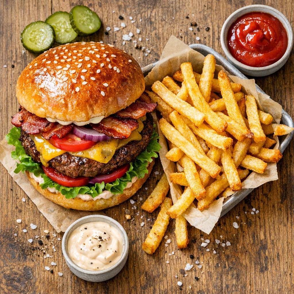 Gourmet-Burger mit Pommes