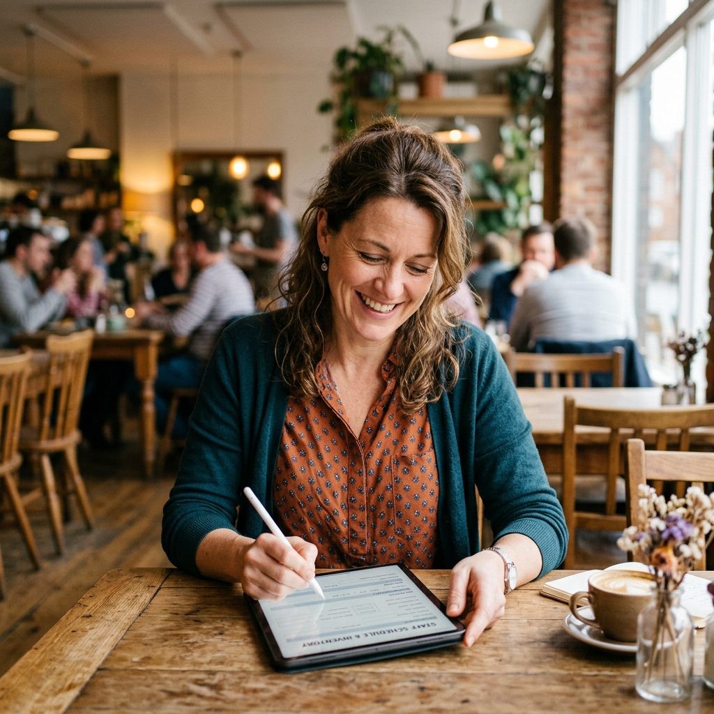 Restaurantbesitzerin füllt Formular aus